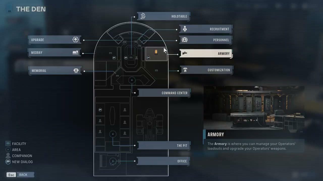 The Den map showing the Medbay, Personnel, Armory, and Holotable destinations, with the Armory selected.