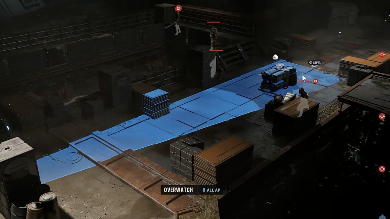 An Overwatch preview showing a blue firing cone, a 40 percent hit chance, and all remaining AP committed
