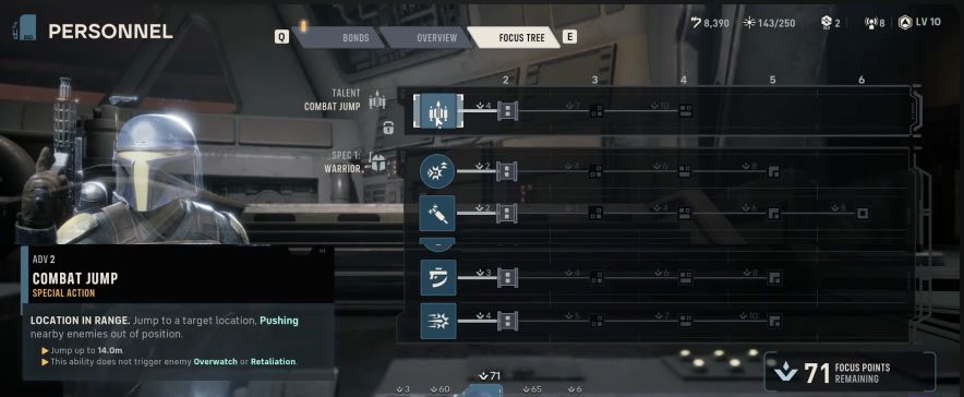 Two crops of Cly Kullervo's focus tree showing Combat Jump and its movement rules