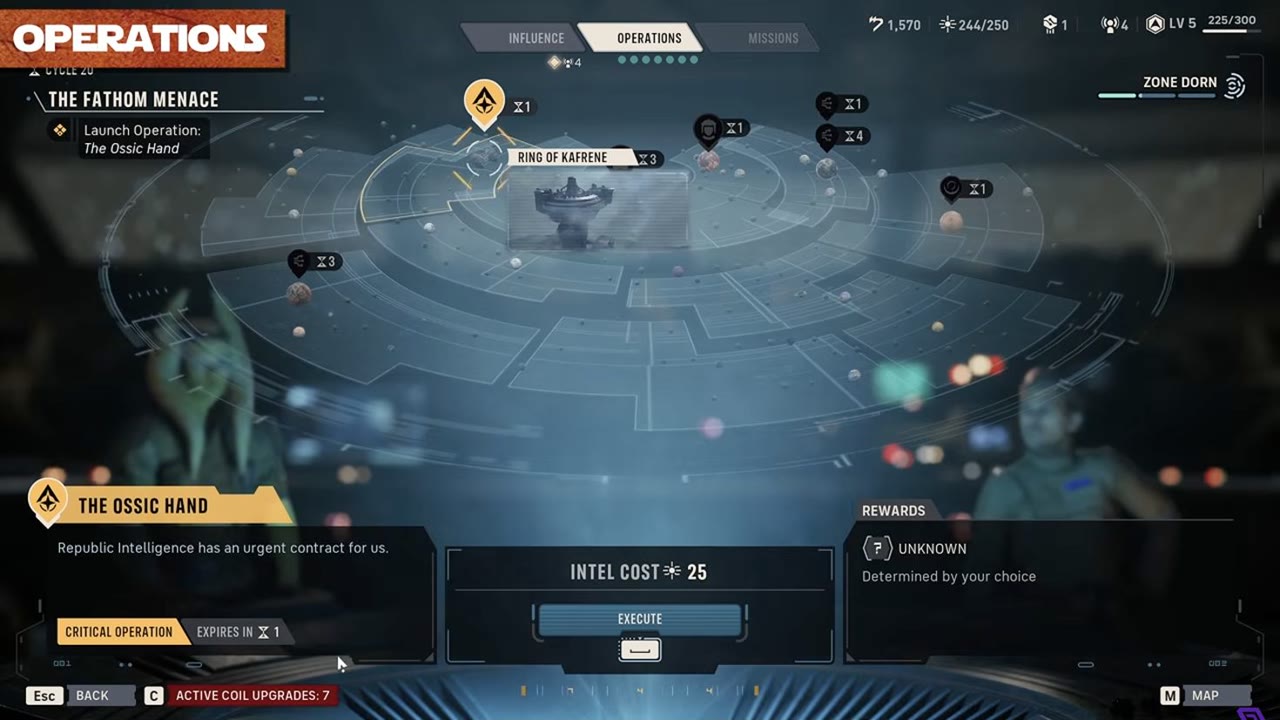 The Operations map showing a critical Operation, one Cycle remaining, a 25 Intel cost, and an unknown reward