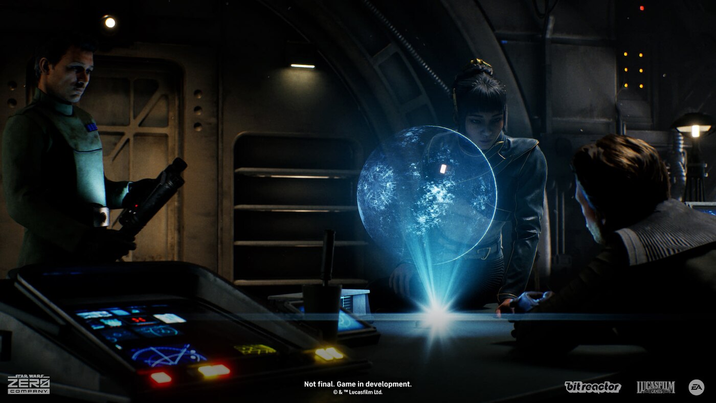 Zero Company gathered around the holographic table at The Den